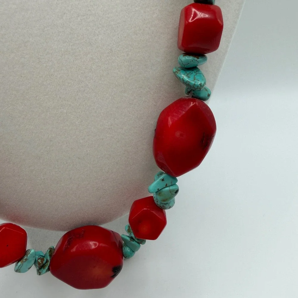 Chunky Red Sponge Coral and Turquoise Nugget Statement Necklace Silver Tone
